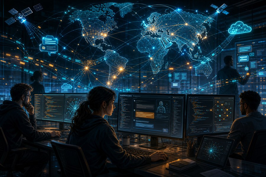 Creators using AI on computers with interconnected technology overlay