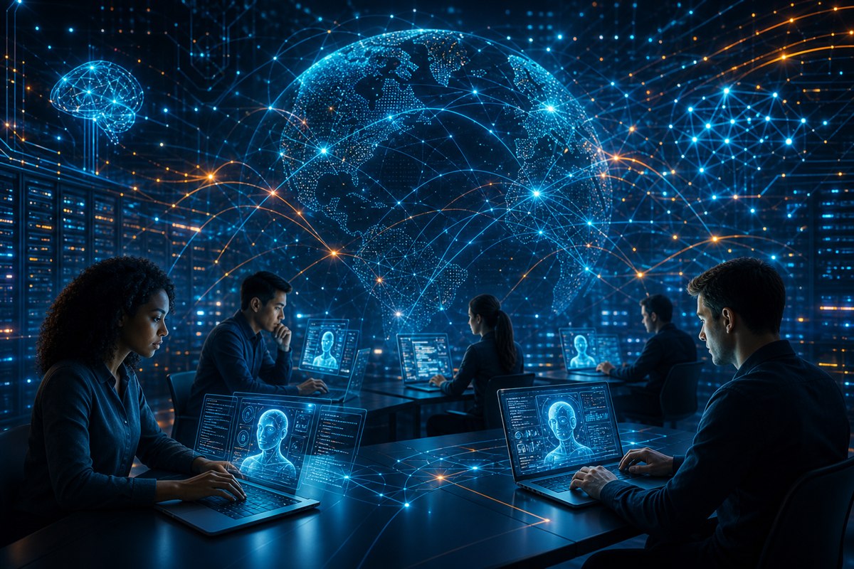 AI-powered global technology network with creators working at computers